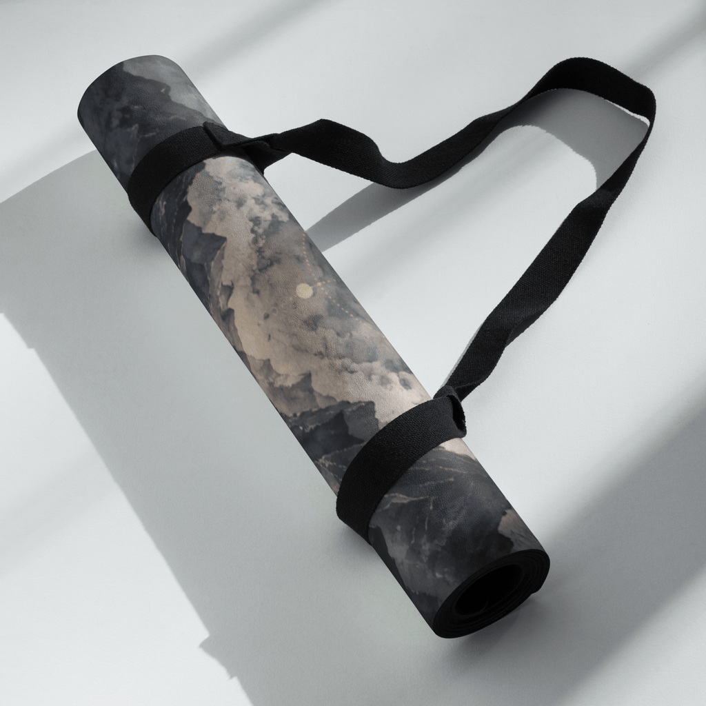Hot Yoga Mat - Midnight Lotus | MIYRA® rolled up with a strap, showcasing beautiful design for towel-free hot yoga.