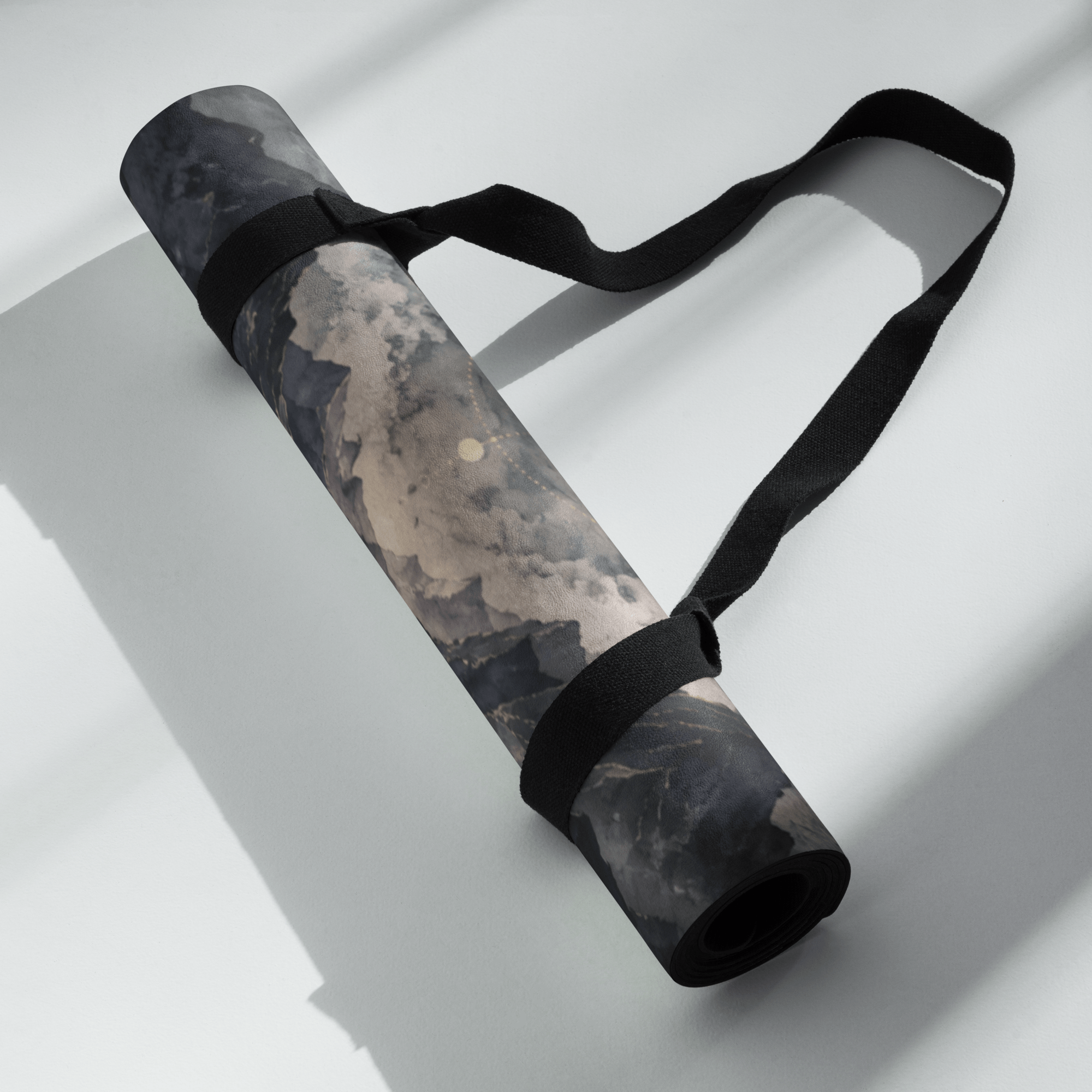 Hot Yoga Mat - Midnight Lotus | MIYRA® rolled up with a strap, showcasing beautiful design for towel-free hot yoga.