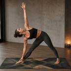 Woman practicing yoga on a MIYRA hot yoga mat - Obsidian Prism, showcasing sweat-activated grip and premium design.