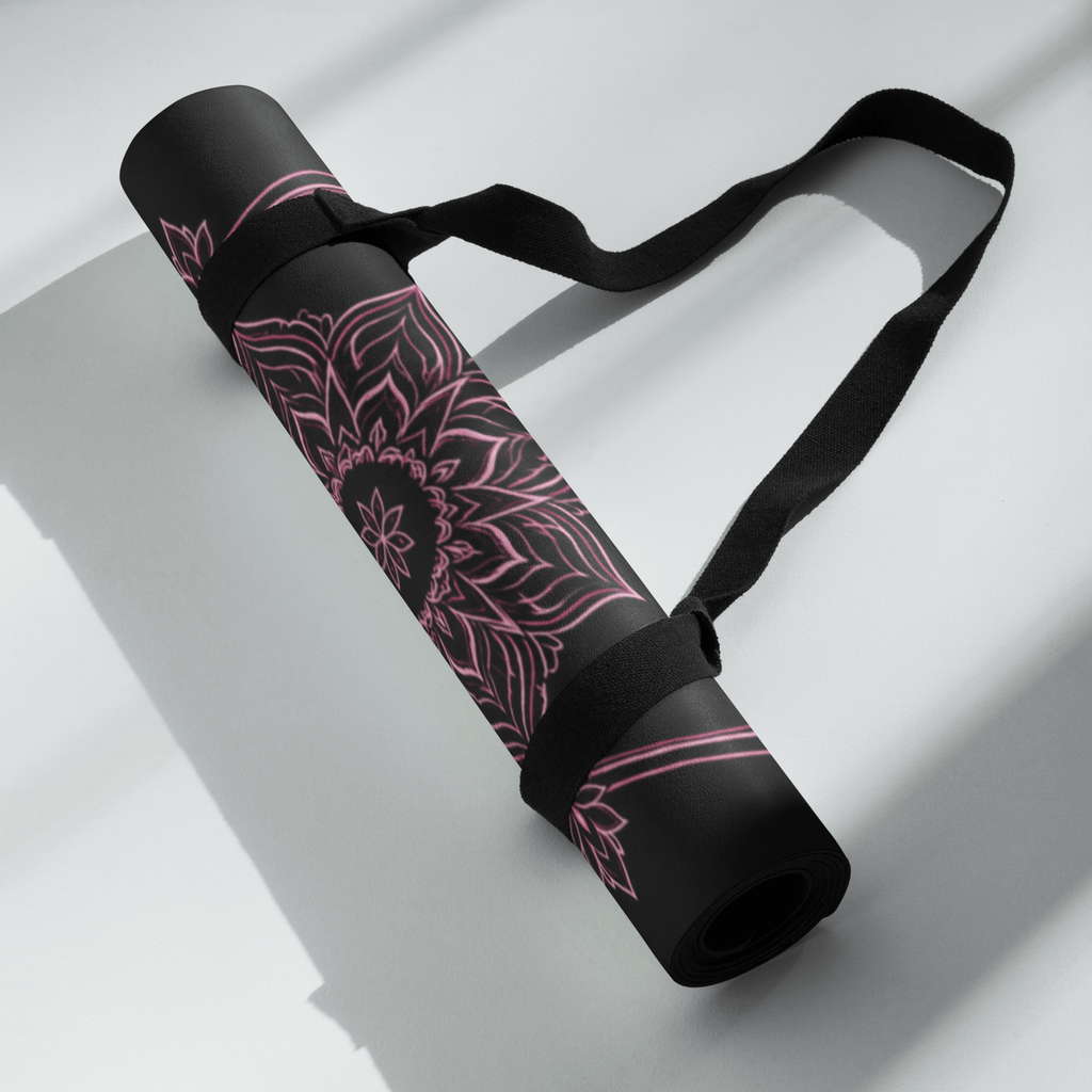Hot Yoga Mat - Rose Ritual | MIYRA® rolled up with a strap, showcasing vibrant design perfect for non-slip performance.
