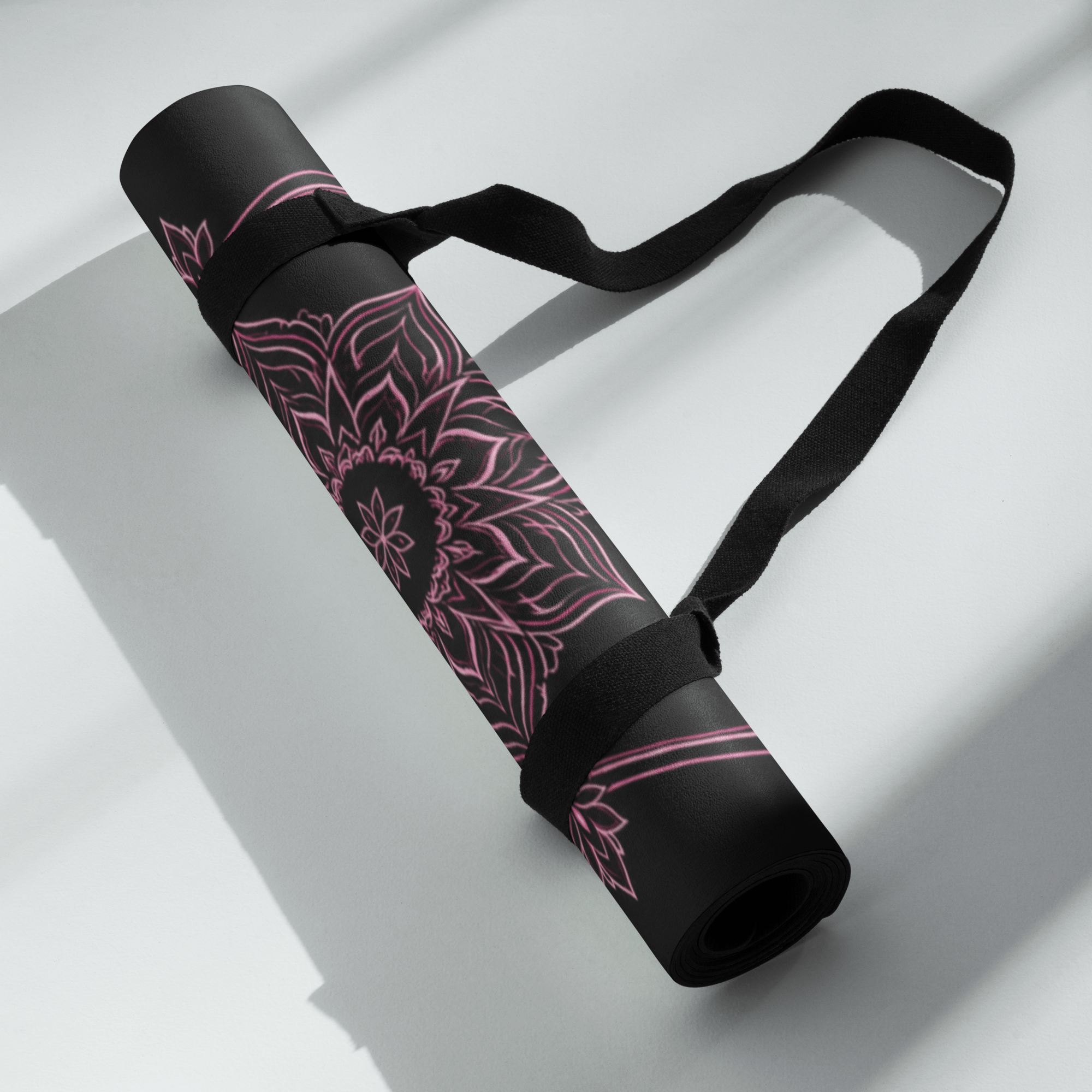Hot Yoga Mat - Rose Ritual | MIYRA® rolled up with a strap, showcasing vibrant design perfect for non-slip performance.