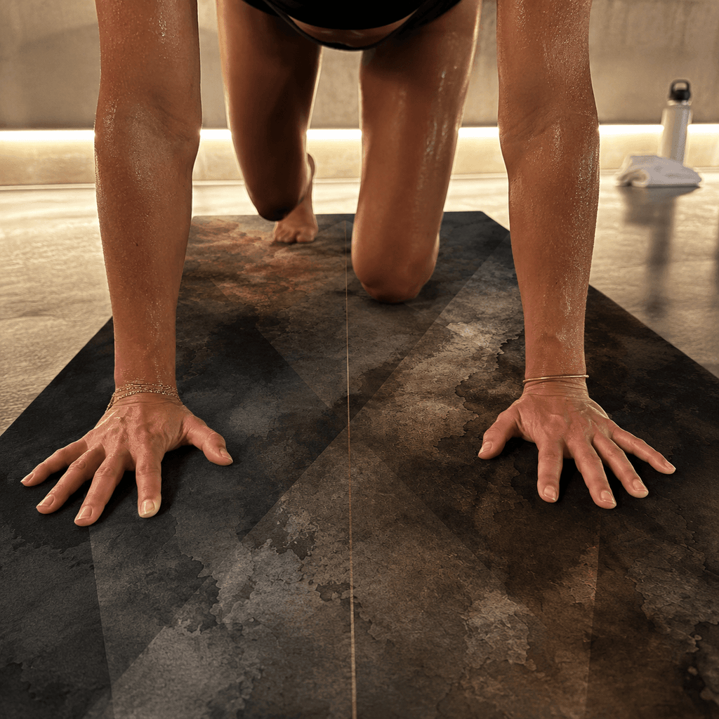 Practicing on the Hot Yoga Mat - Ashen Flow | MIYRA® showcasing sweat-activated grip and non-slip performance.