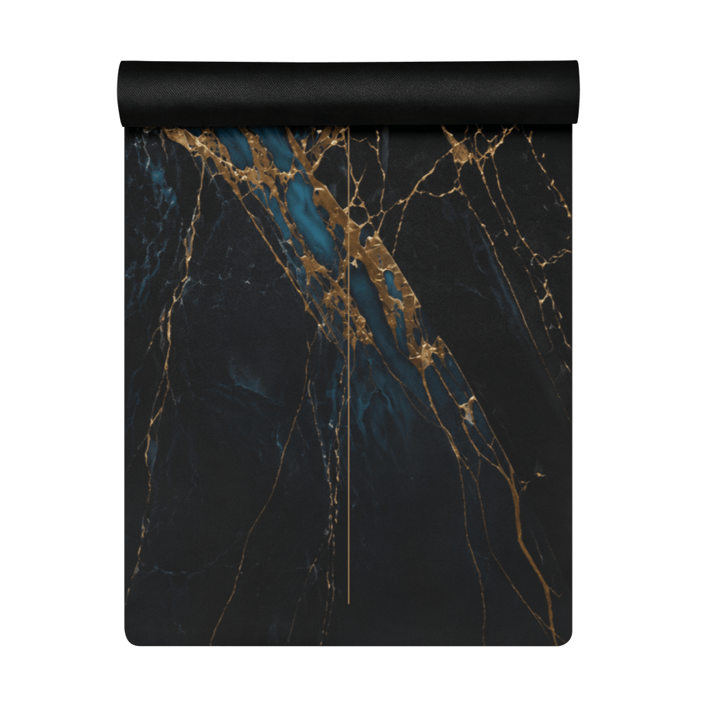 Hot Yoga Mat - Blue Ember | MIYRA® with elegant black, gold, and blue marble design for non-slip performance and stylish practice.