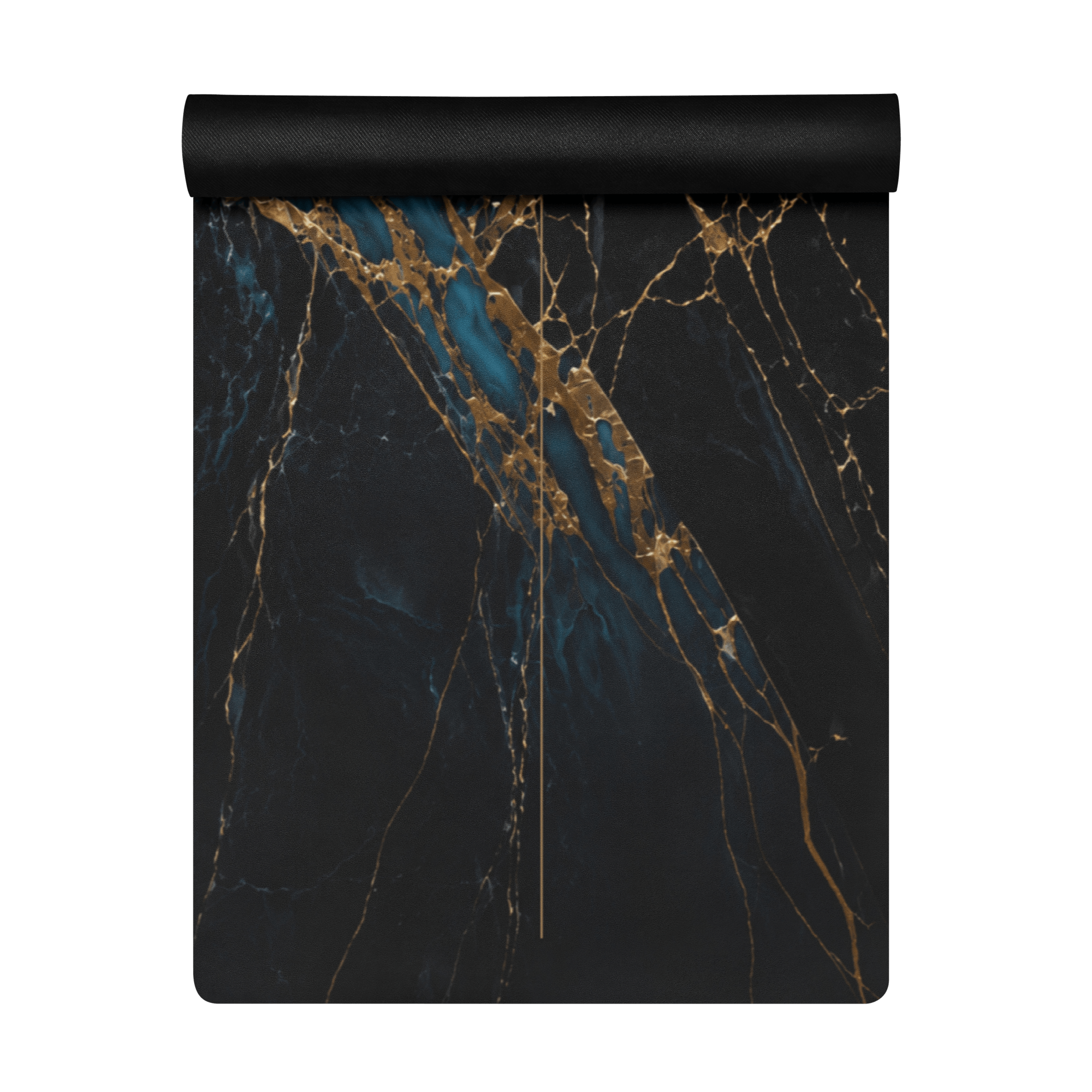 Hot Yoga Mat - Blue Ember | MIYRA® with elegant black, gold, and blue marble design for non-slip performance and stylish practice.