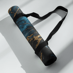 Hot Yoga Mat - Blue Ember | MIYRA® rolled up with carry strap, featuring a stylish blue and gold design for towel-free hot yoga.