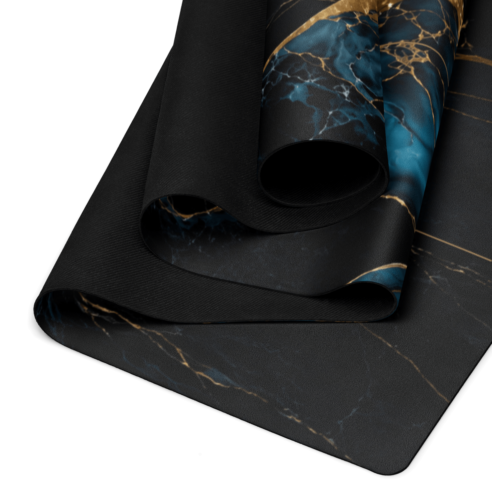 Hot Yoga Mat - Blue Ember | MIYRA® rolled up, showcasing the unique design with a marble pattern and anti-slip texture.