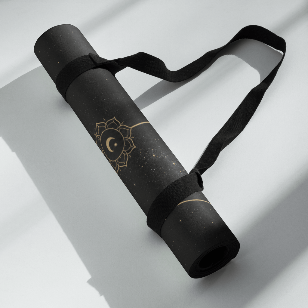 Hot Yoga Mat - Celestial Veil | MIYRA®, rolled with strap, featuring anti-slip performance for sweat-free yoga.