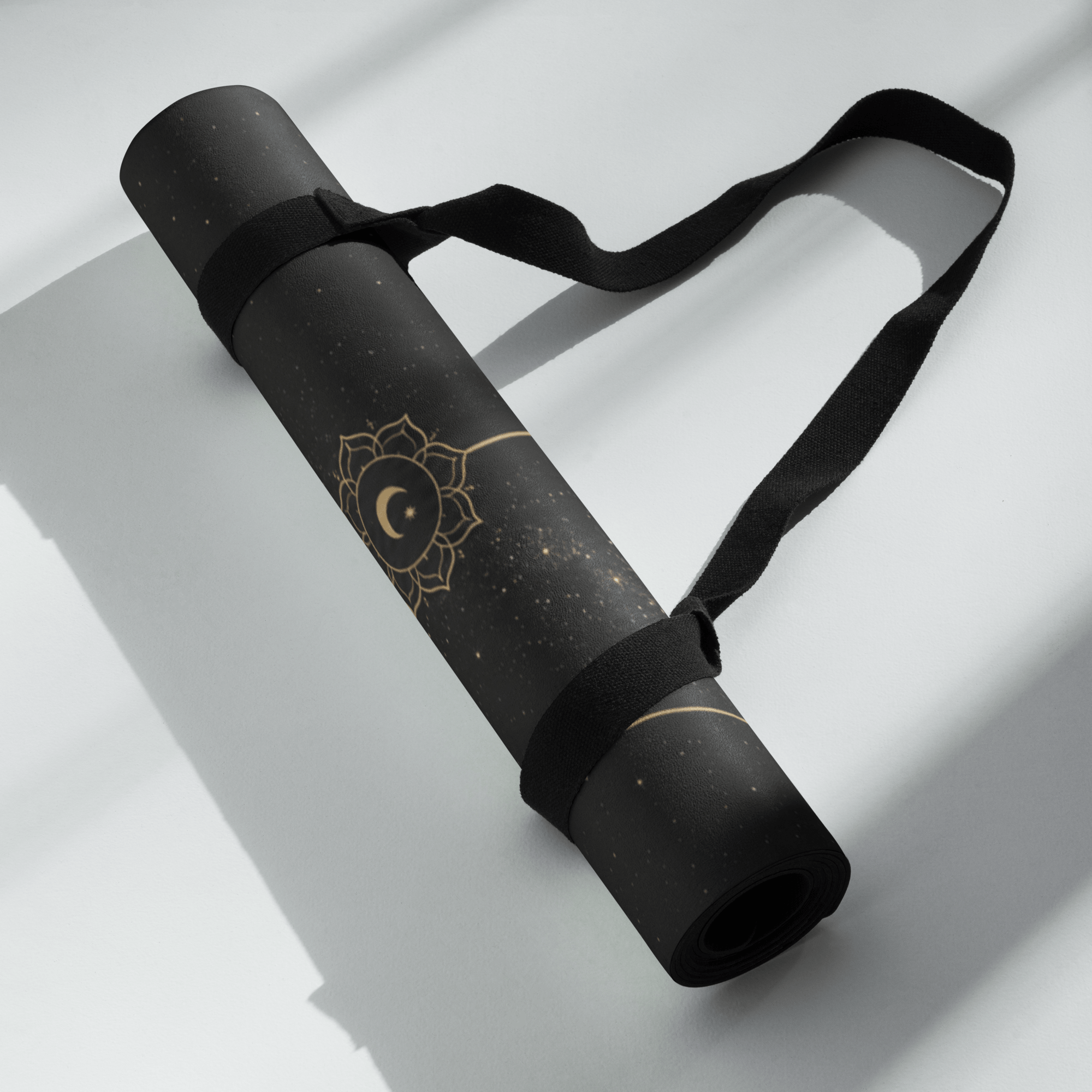 Hot Yoga Mat - Celestial Veil | MIYRA®, rolled with strap, featuring anti-slip performance for sweat-free yoga.