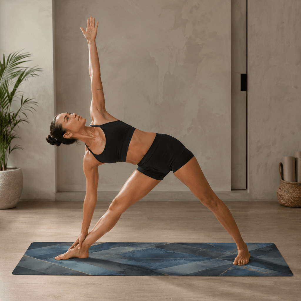 Practicing yoga on the Hot Yoga Mat - Cobalt Veil | MIYRA®, showcasing sweat-activated grip and non-slip performance.