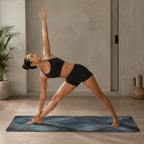 Practicing yoga on the Hot Yoga Mat - Cobalt Veil | MIYRA®, showcasing sweat-activated grip and non-slip performance.