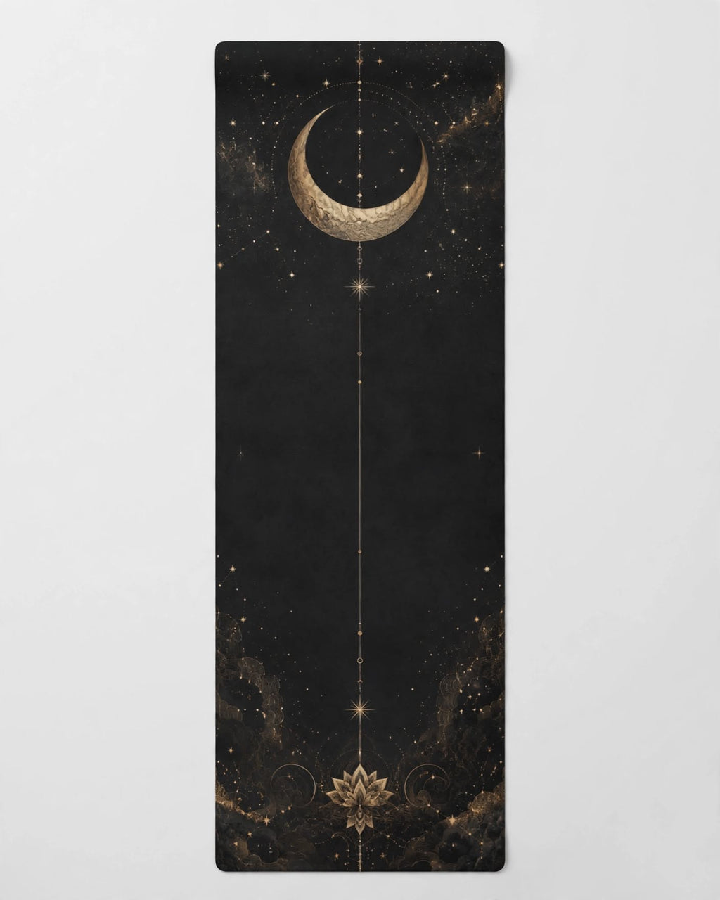 Hot Yoga Mat | Cosmic Stillness featuring a celestial design with a crescent moon and a lotus pattern.