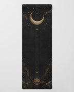 Hot Yoga Mat | Cosmic Stillness featuring a celestial design with a crescent moon and a lotus pattern.