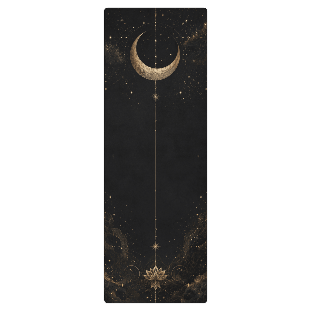 Hot Yoga Mat - Cosmic Stillness | MIYRA® features a celestial design with a crescent moon and lotus, perfect for towel-free hot yoga.