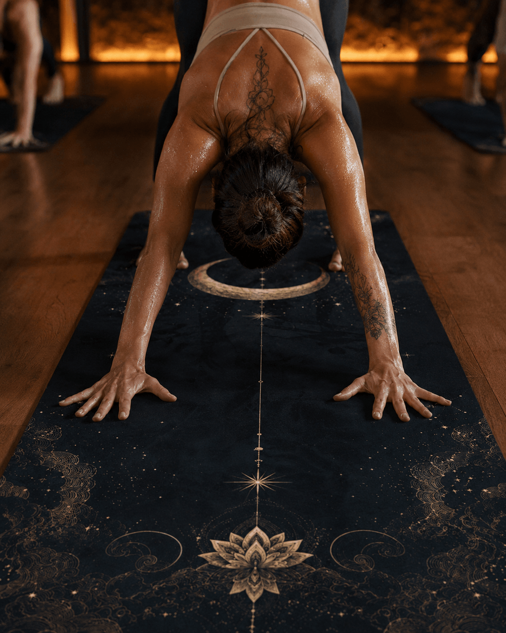 Practicing yoga on the Hot Yoga Mat - Cosmic Stillness | MIYRA® with sweat-activated grip and non-slip performance.