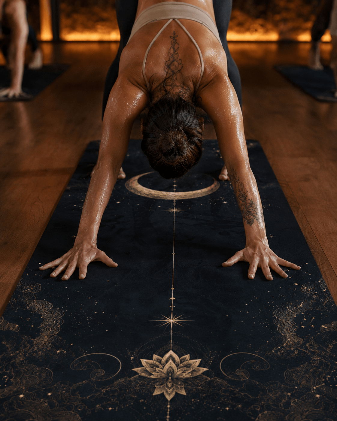 Practicing yoga on the Hot Yoga Mat - Cosmic Stillness | MIYRA® with sweat-activated grip and non-slip performance.