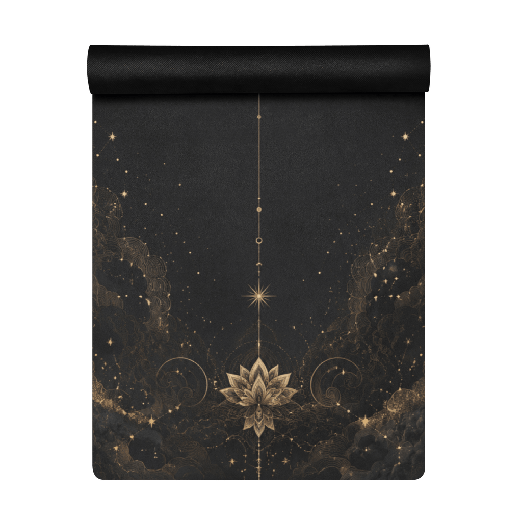 Hot Yoga Mat - Cosmic Stillness | MIYRA® featuring a stunning gold lotus design on a black background for stylish yoga.