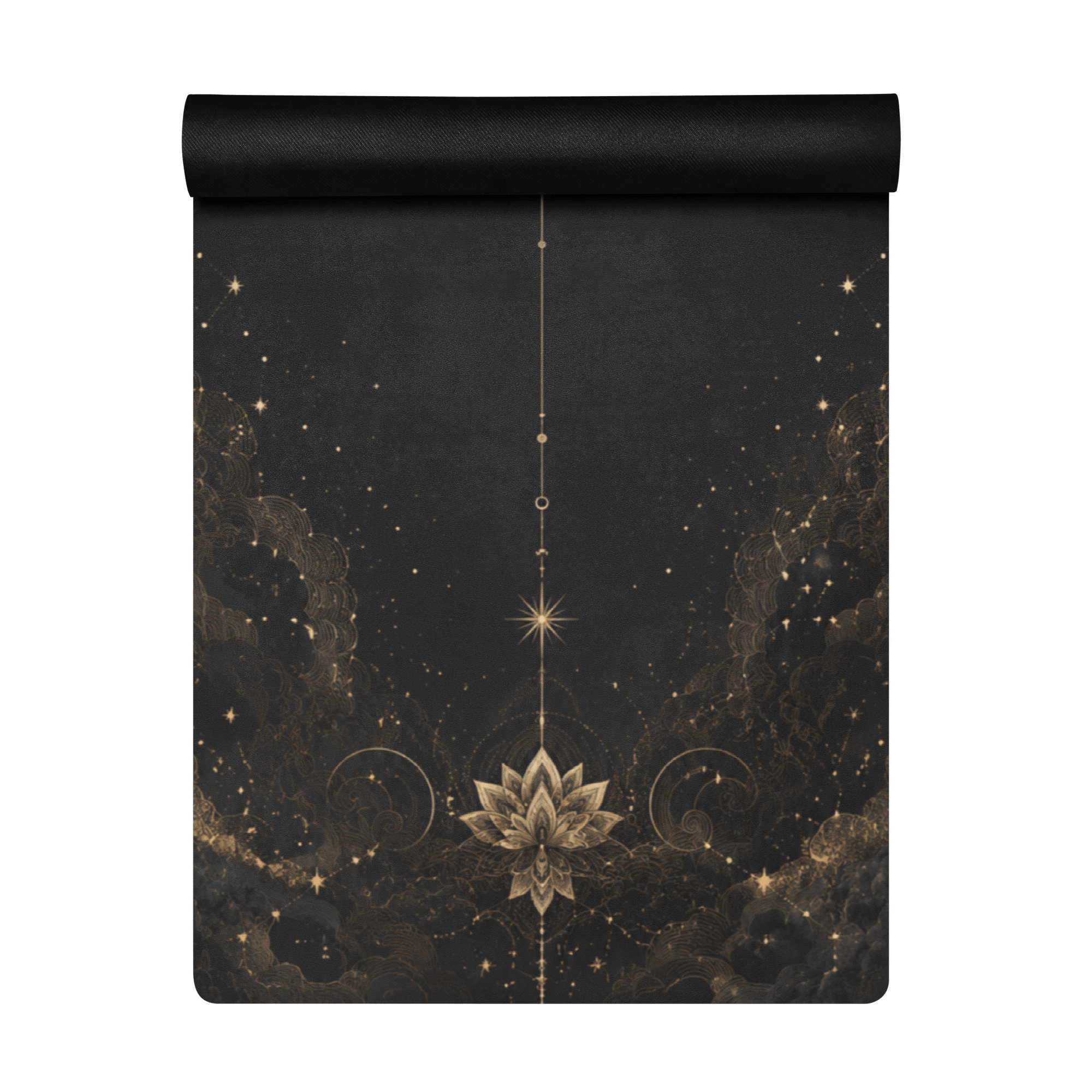 Hot Yoga Mat - Cosmic Stillness | MIYRA® featuring a stunning gold lotus design on a black background for stylish yoga.