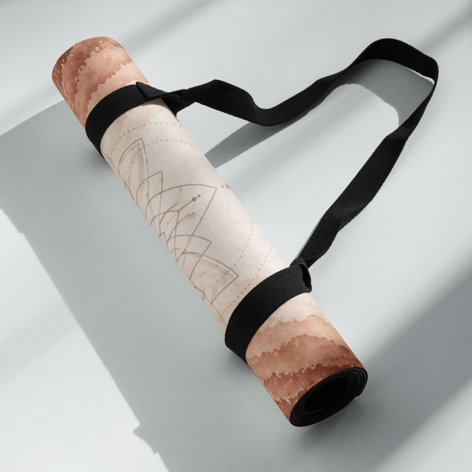 Hot Yoga Mat - Desert Core | MIYRA® rolled up with a strap, showcasing the natural rubber base and microfiber surface.