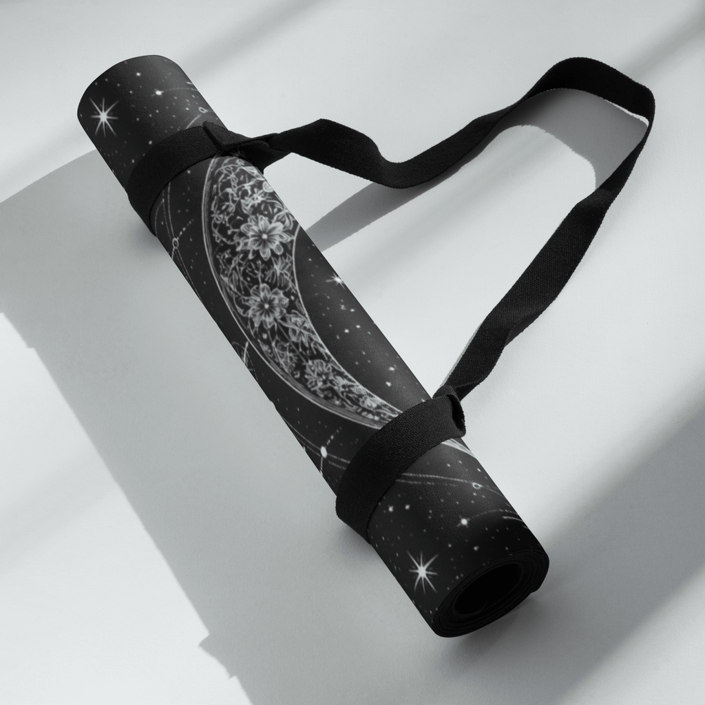 Hot Yoga Mat - Lunar Constellation | MIYRA® rolled up with strap, showcasing a premium design for non-slip performance.