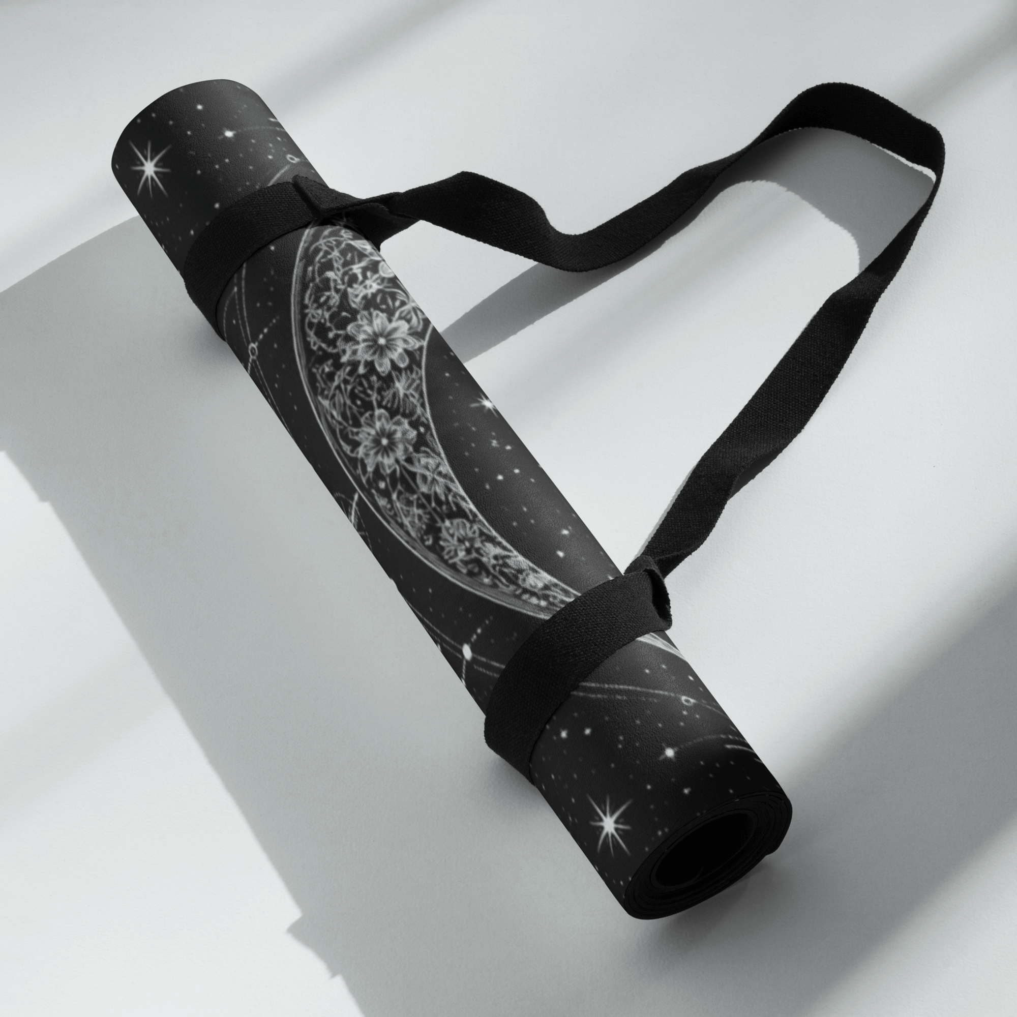 Hot Yoga Mat - Lunar Constellation | MIYRA® rolled up with strap, showcasing a premium design for non-slip performance.