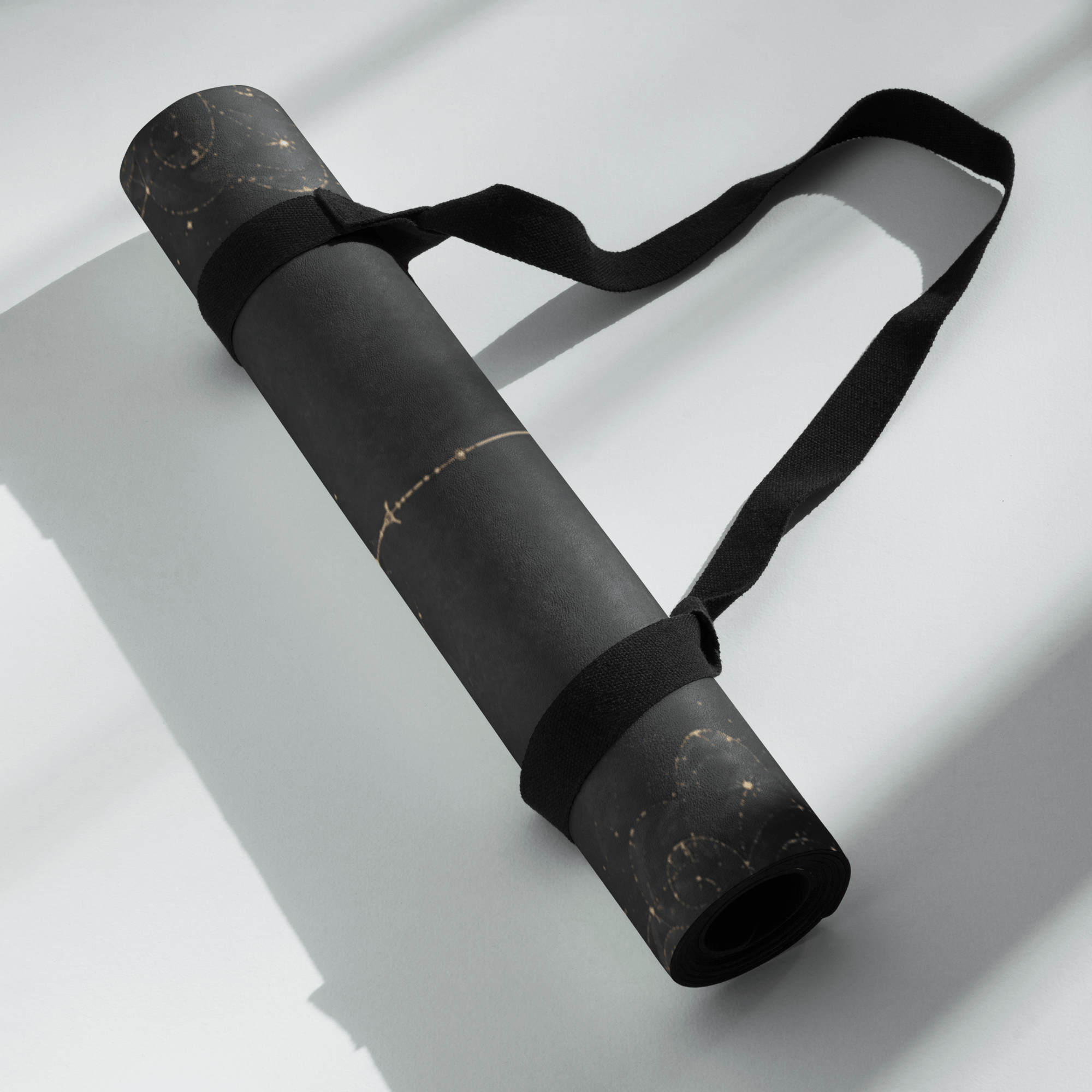 Hot Yoga Mat -Nocturnal Flow | MIYRA® rolled up with a strap, showcasing its sleek design for easy transport.
