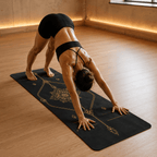 Woman practicing yoga on the Hot Yoga Mat - Noir Temple | MIYRA® with sweat-activated grip for towel-free sessions.