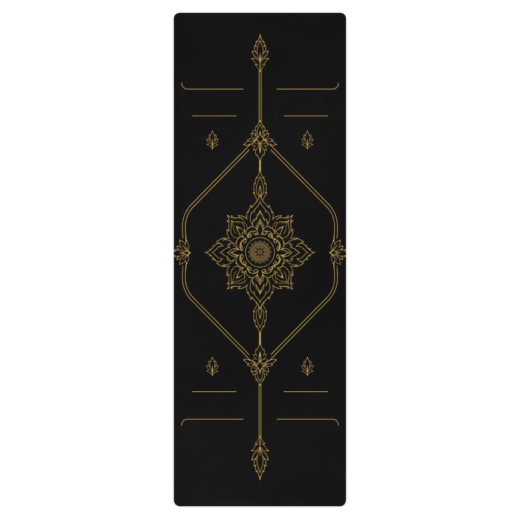 Hot Yoga Mat - Noir Temple | MIYRA® with intricate gold pattern on a black background, ideal for towel-free hot yoga.
