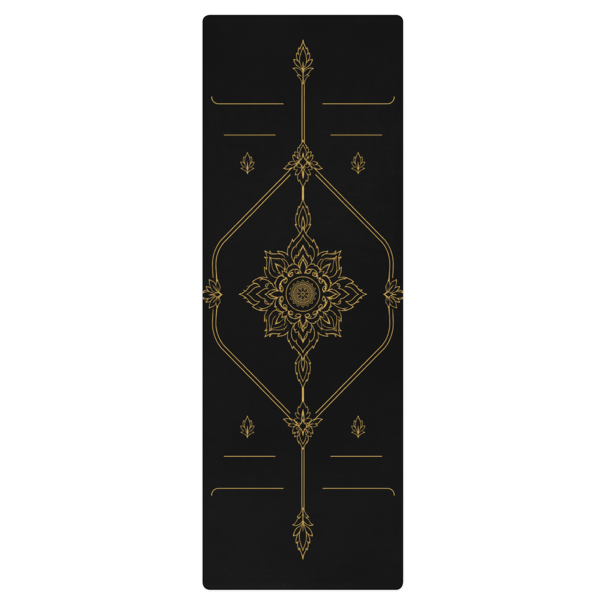 Hot Yoga Mat - Noir Temple | MIYRA® with intricate gold pattern on a black background, ideal for towel-free hot yoga.