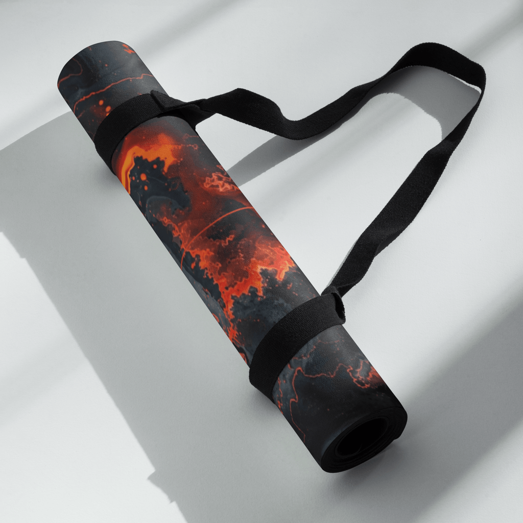 Hot Yoga Mat - Obsidian Flame | MIYRA® rolled up with a strap, showcasing vibrant design and premium quality for towel-free hot yoga.