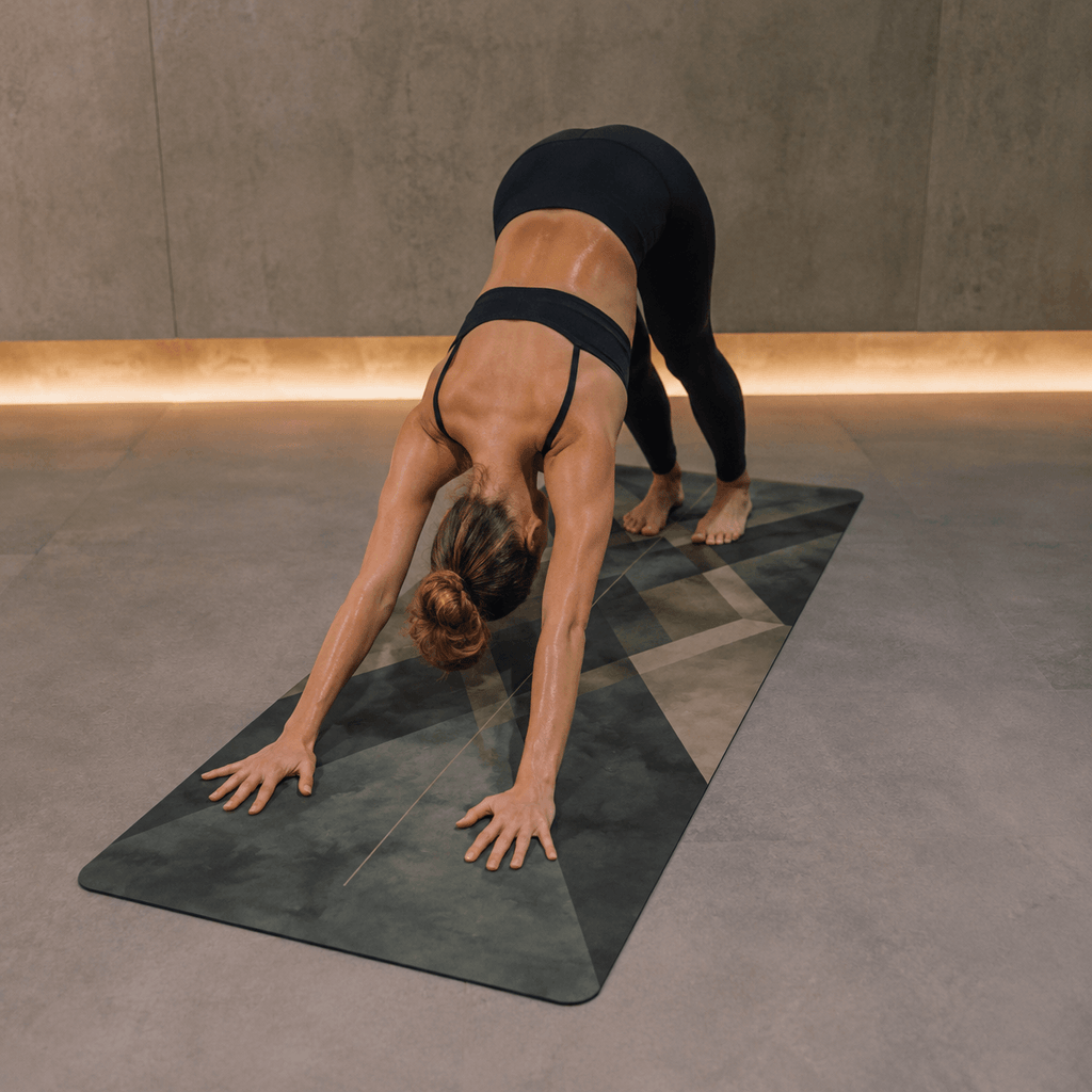 Hot Yoga Mat - Obsidian Prism | MIYRA® in use, featuring sweat-activated grip for non-slip performance during yoga.