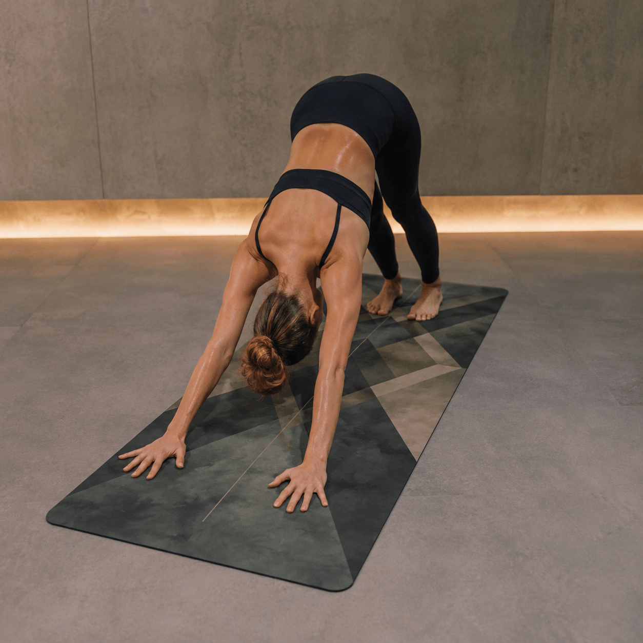 Hot Yoga Mat - Obsidian Prism | MIYRA® in use, featuring sweat-activated grip for non-slip performance during yoga.