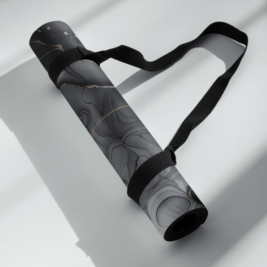 Hot Yoga Mat - Onyx Flow | MIYRA® rolled with strap, showcasing its stylish design for towel-free hot yoga.