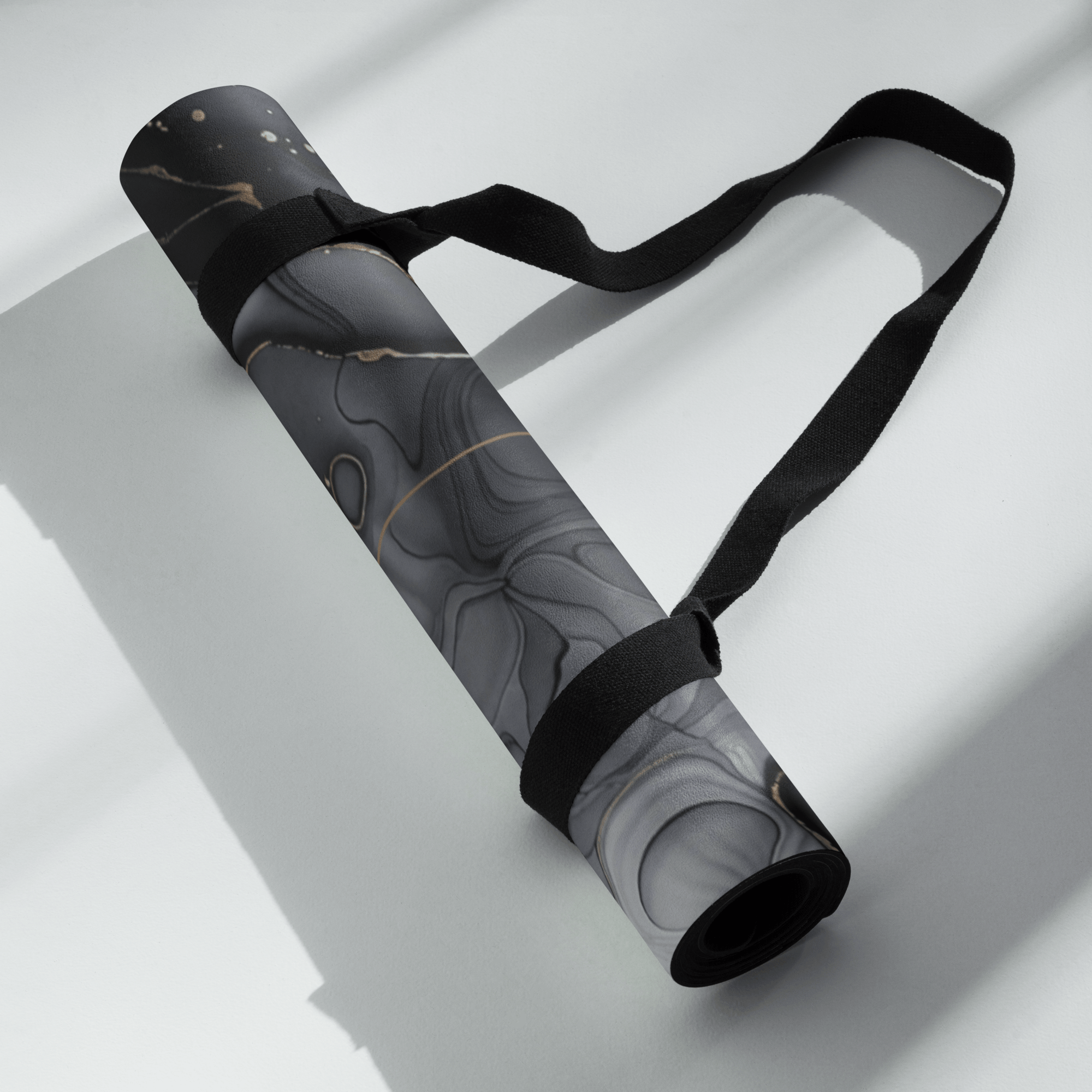 Hot Yoga Mat - Onyx Flow | MIYRA® rolled with strap, showcasing its stylish design for towel-free hot yoga.