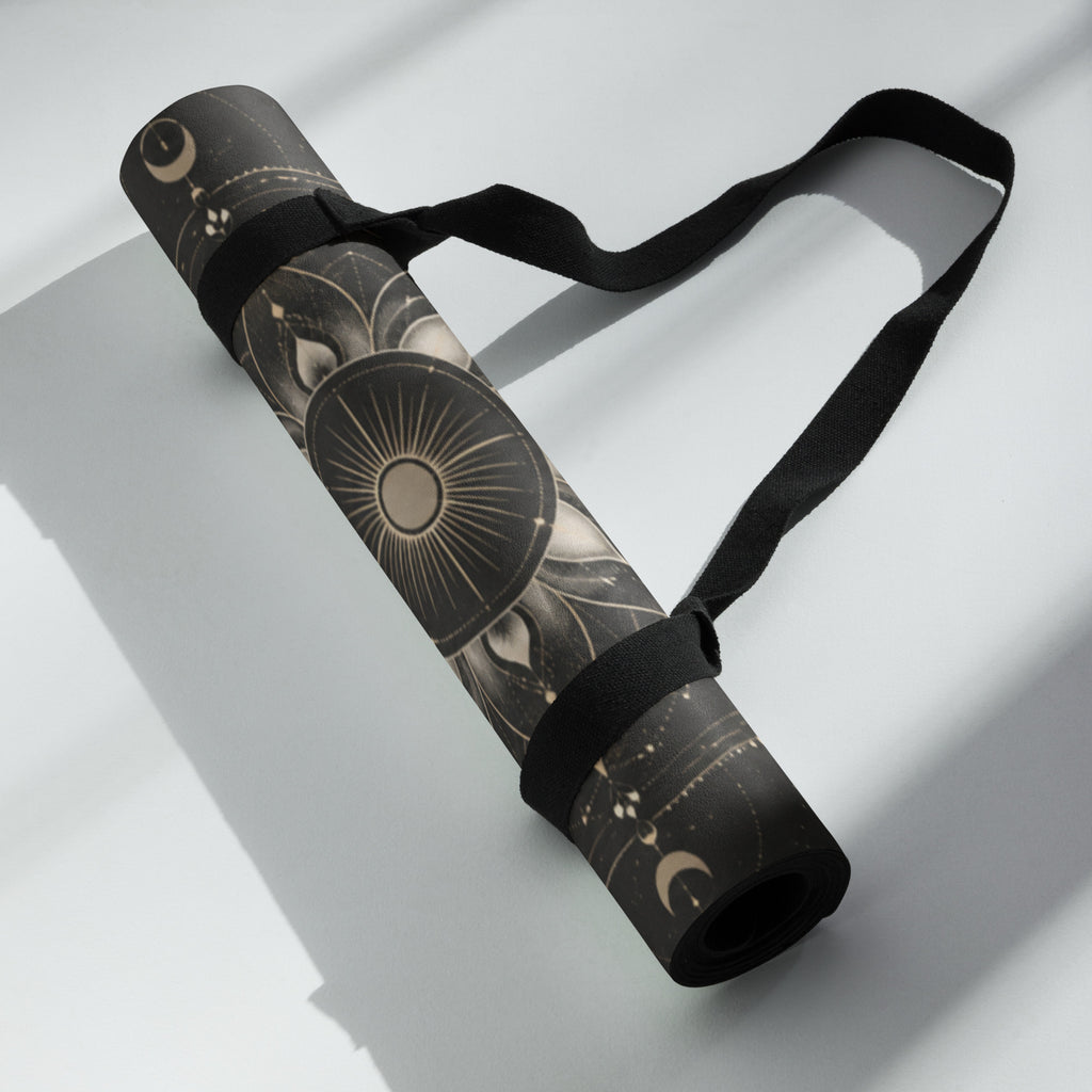 Hot Yoga Mat | Golden Eclipse, the best yoga mat for hot yoga with a stylish design and convenient carrying strap.