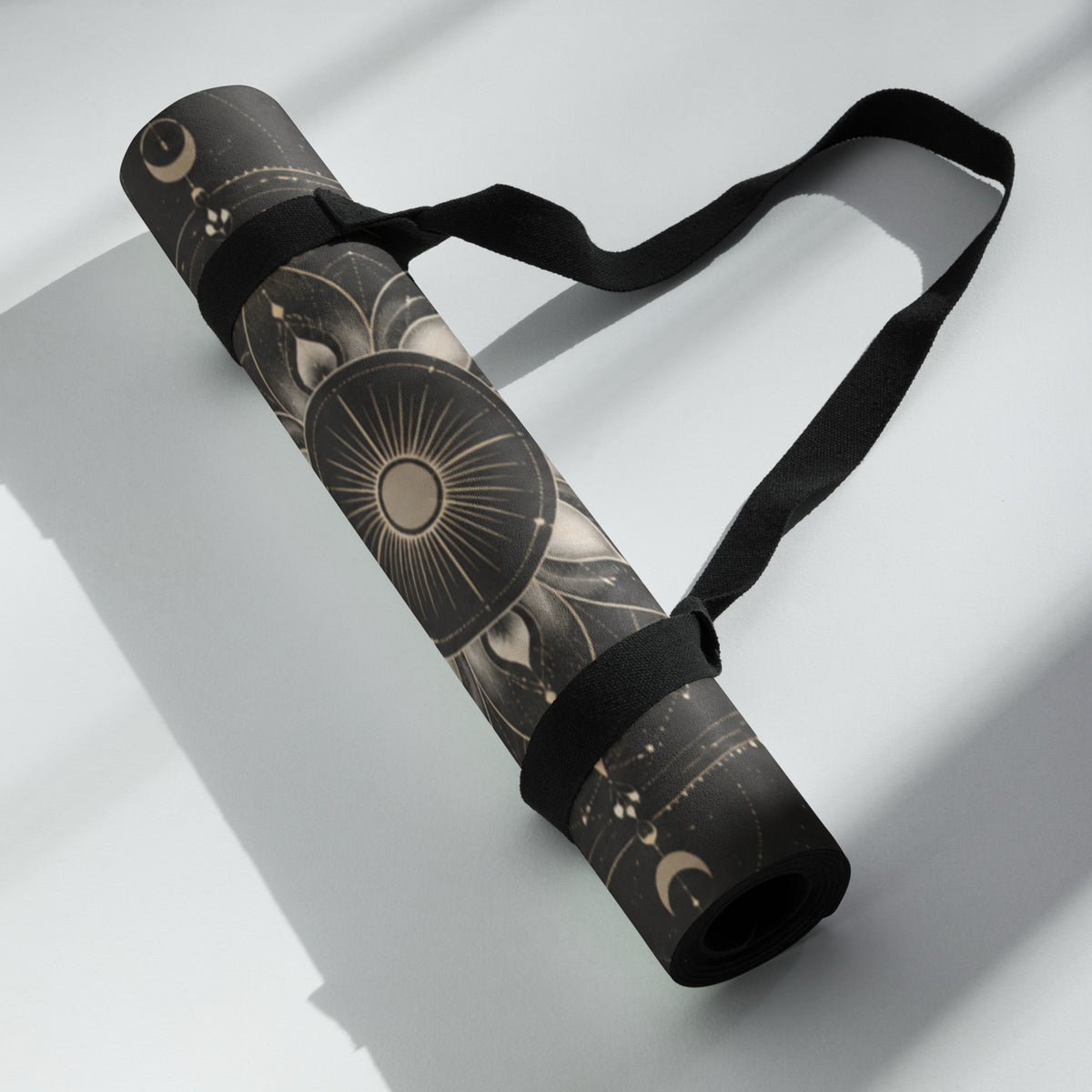 Hot Yoga Mat | Golden Eclipse, the best yoga mat for hot yoga with a stylish design and convenient carrying strap.